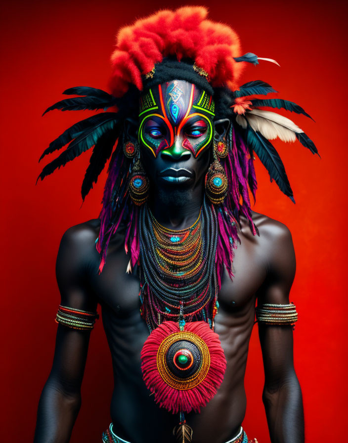 Vibrant tribal face paint with feathered headpiece and colorful jewelry on red background