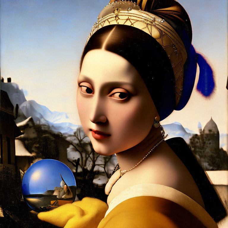 Surreal fusion of Mona Lisa with modern elements: large eyes, modern hair, shiny sphere.