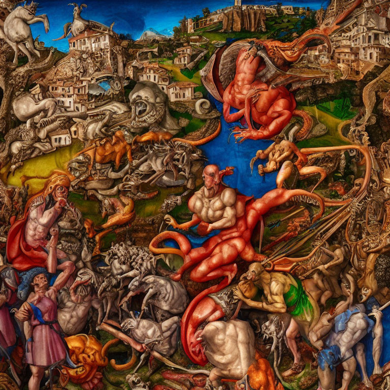 Detailed Mythological Painting with Muscular Figures and Chaotic Landscape