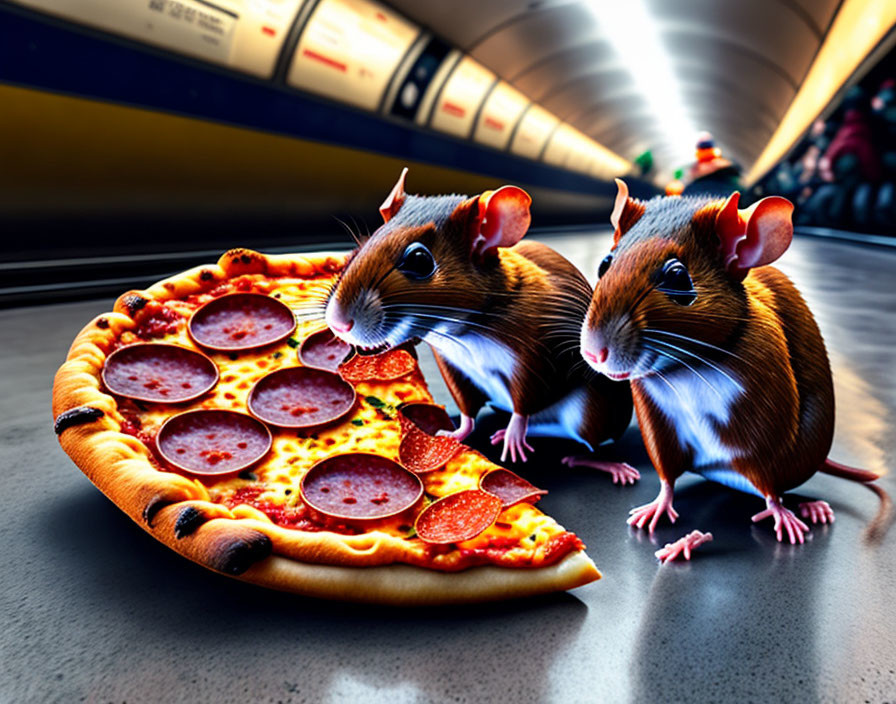 Digitally manipulated rats on pepperoni pizza slice in subway station