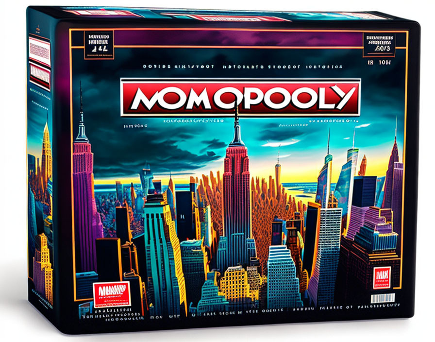 Colorful "MOMOPOLY" board game box with metropolis skyline and sunset sky