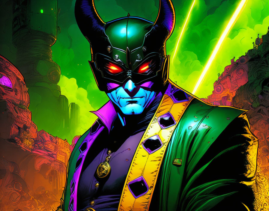 Stylized character with horns in green and gold costume against vibrant sci-fi backdrop