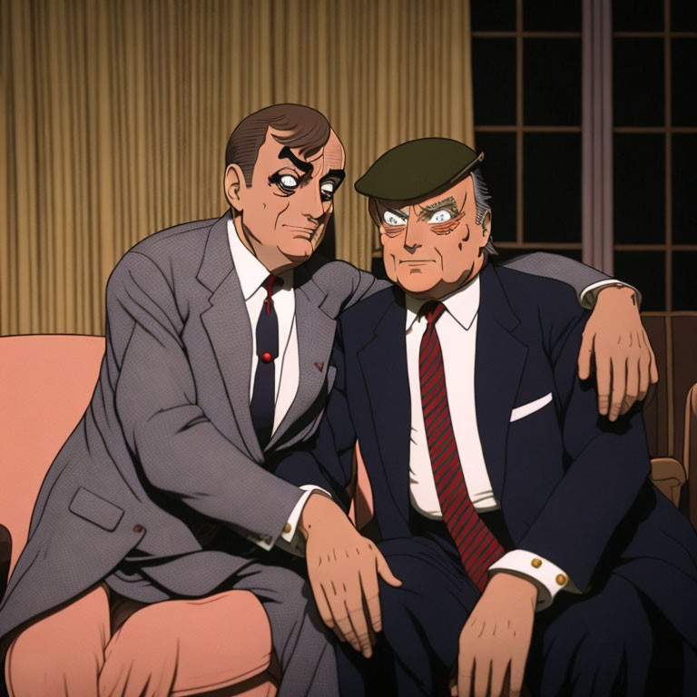 Two stern male characters in suits on a couch, one in a green beret