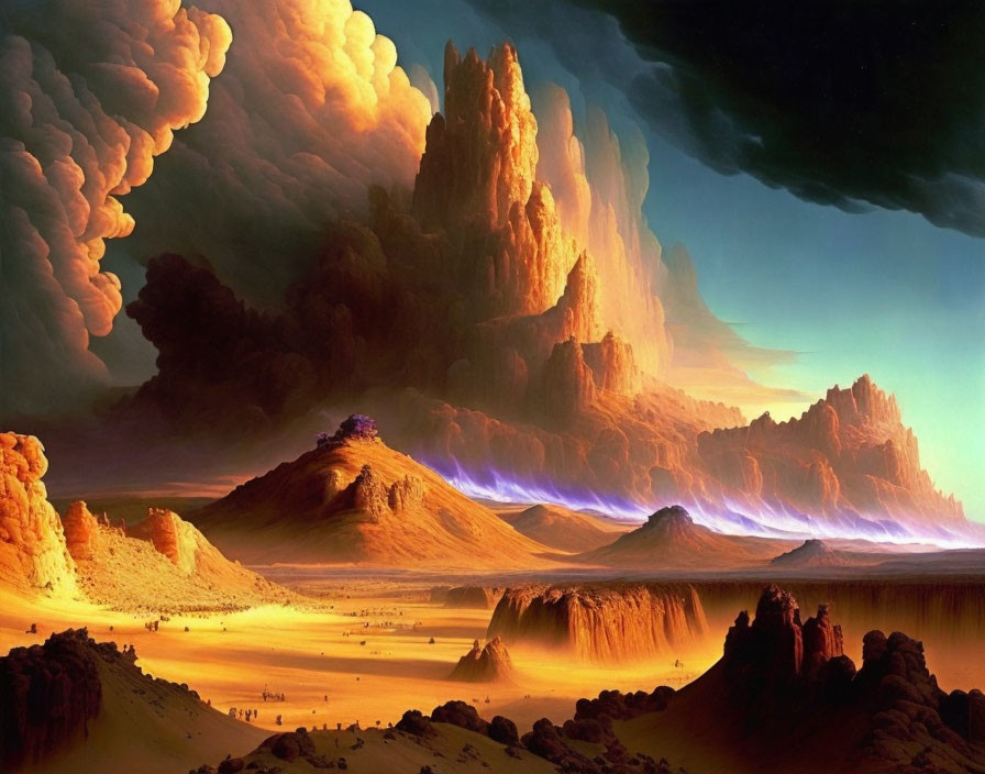 Majestic fantasy landscape with towering rock formations under dramatic sky