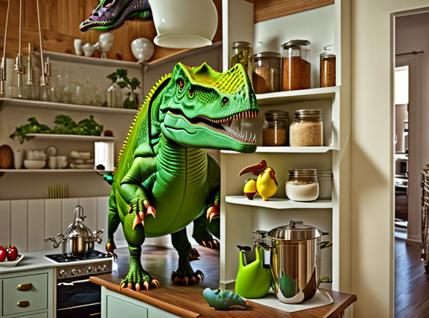 Green Dinosaur Toy in Organized Kitchen with Open Shelves