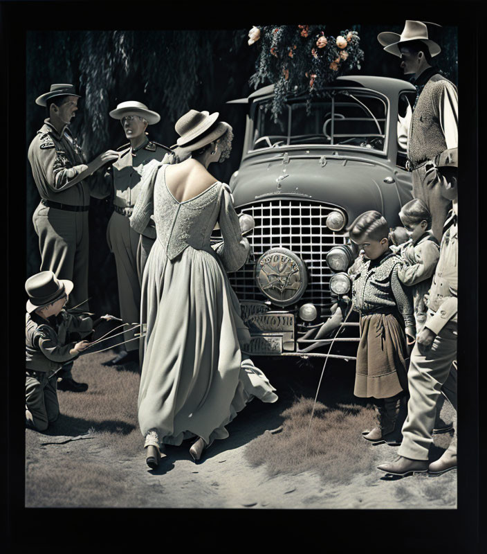 Group of people in period clothing around old car in vintage-style photo