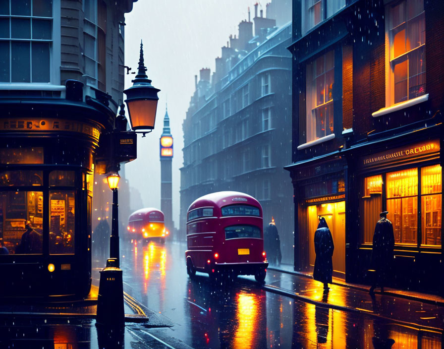 Vintage street lamps, double-decker bus, classic architecture, and pedestrians in a rainy city evening