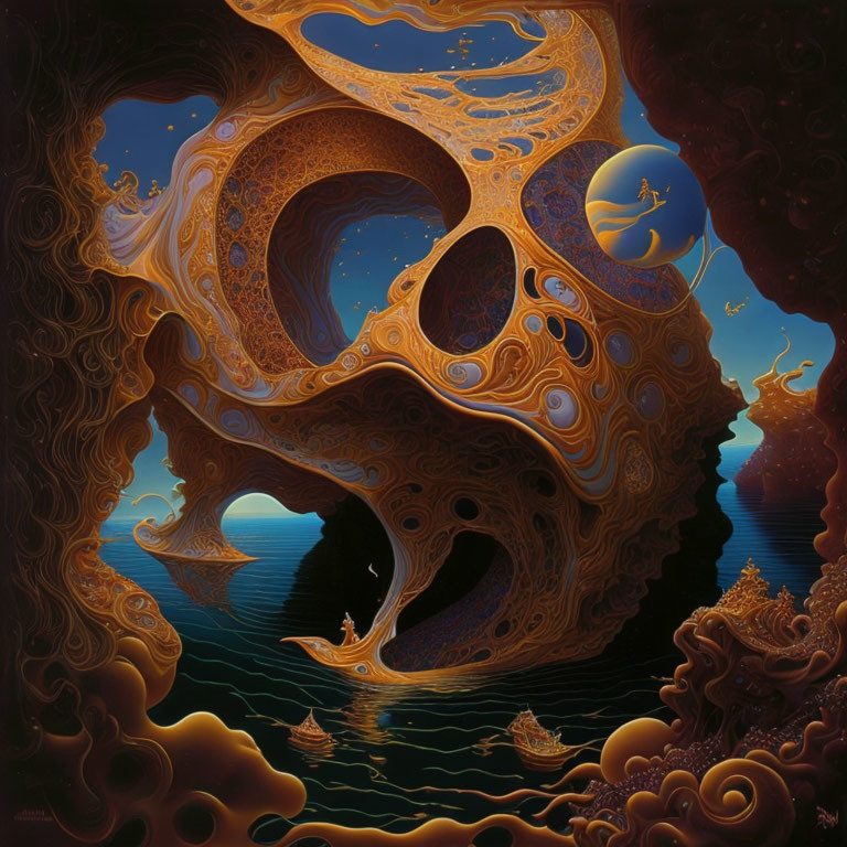 Surreal skull figure with swirly patterns overlooking moonlit seascape