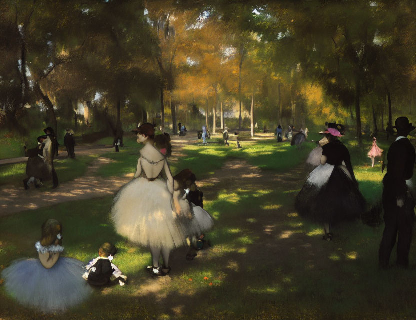 19th-Century Park Scene with People Walking and Socializing