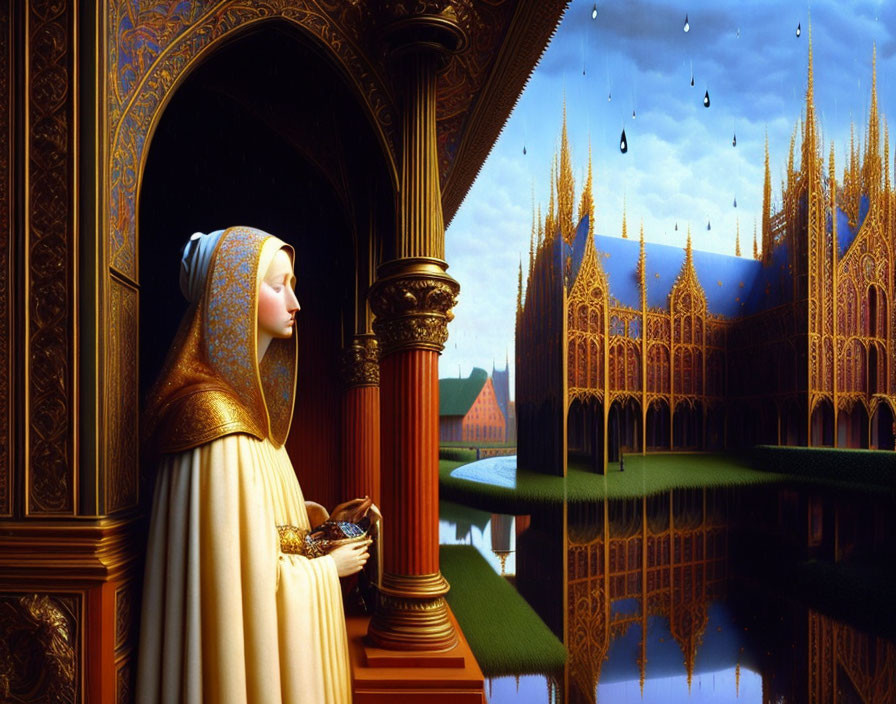 Medieval woman in contemplation by gothic architecture and water surface