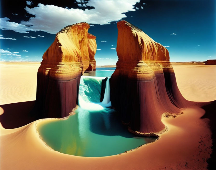 Vibrant blue waterfall between sandstone formations in desert landscape