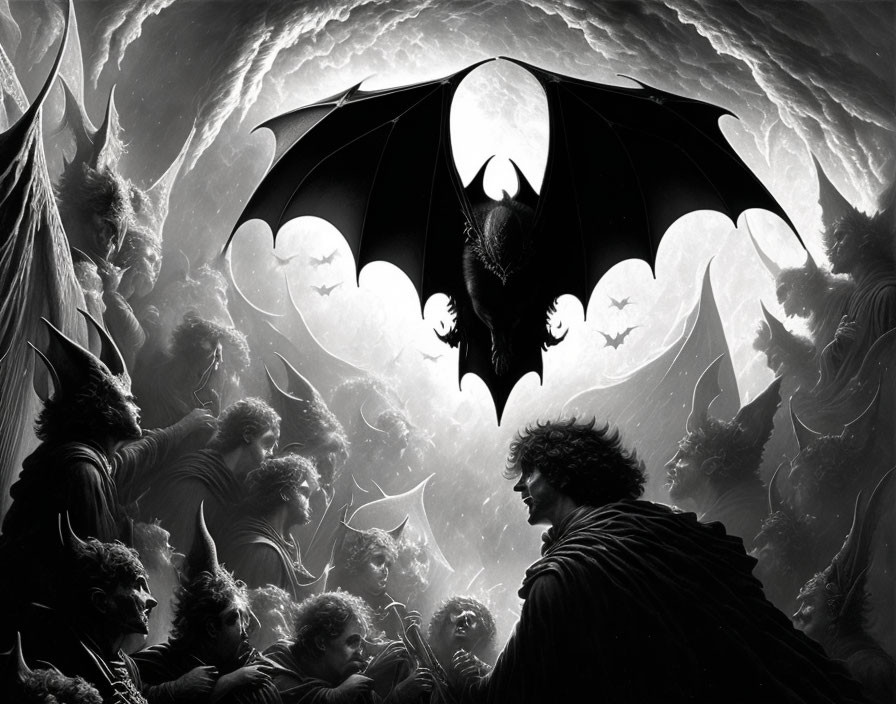 Monochrome fantasy artwork: Bat-winged figure soars over crowd