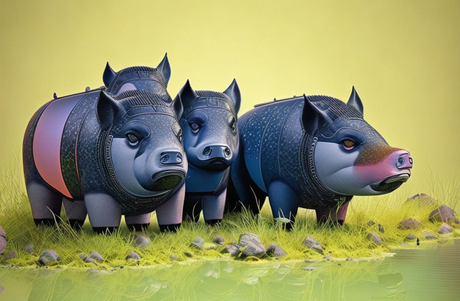 Stylized armored pigs on grassy field with rocks, greenish-yellow background