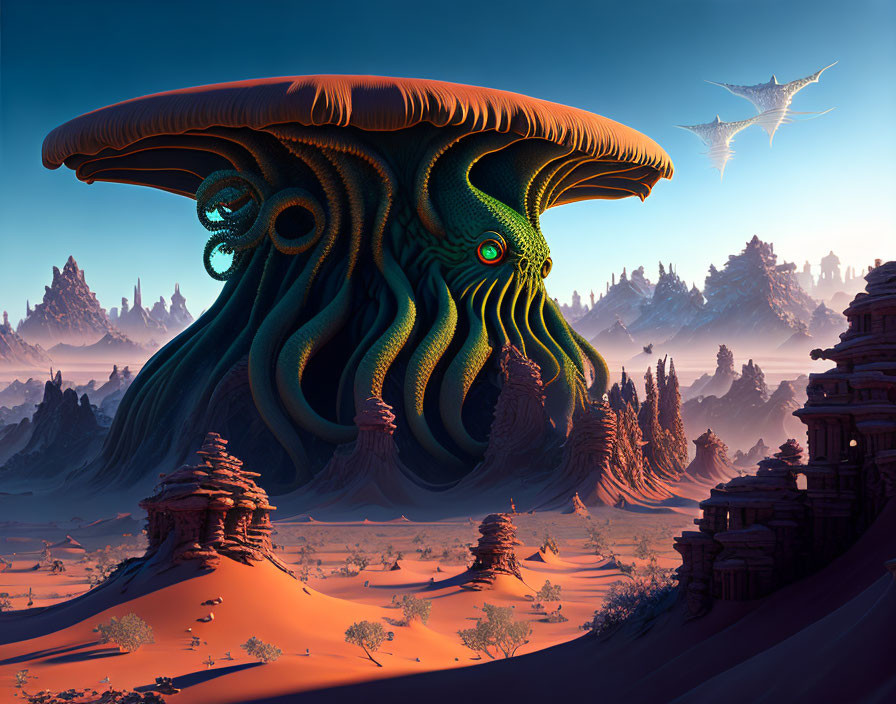 Surreal alien landscape with towering mushroom-like structures and tentacled eye.