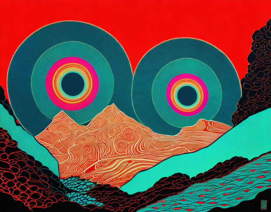 Vibrant concentric rings on red backdrop with stylized landscape