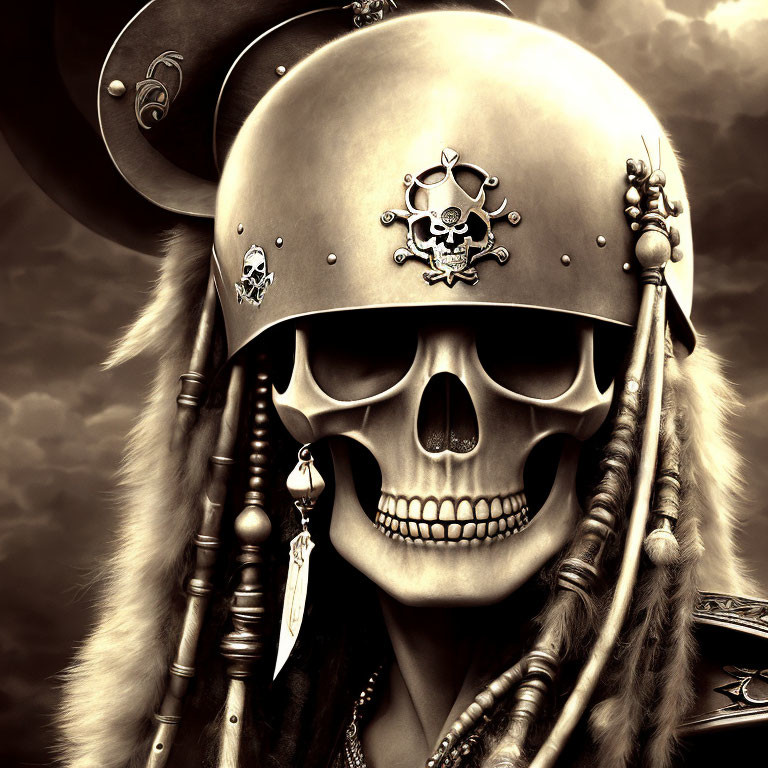 Digital artwork: Skull with pirate helmet on cloudy background