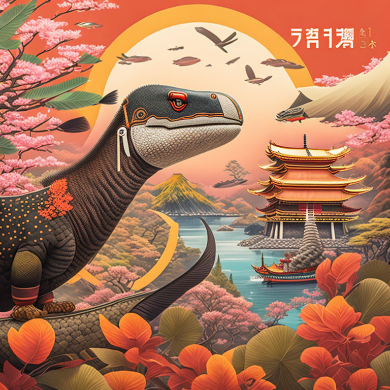 Dinosaur in Asian landscape with cherry blossoms, pagodas, river, boats, birds &