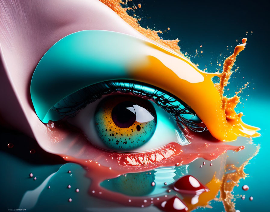 Close-up Eye Macro Photo with Teal and Orange Liquid Splashes on Blue Background