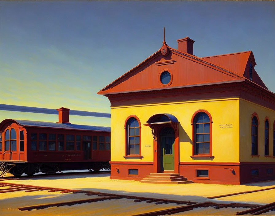 Detailed painting of old-fashioned train station with red train car, clear blue sky, and strong sunlight casting