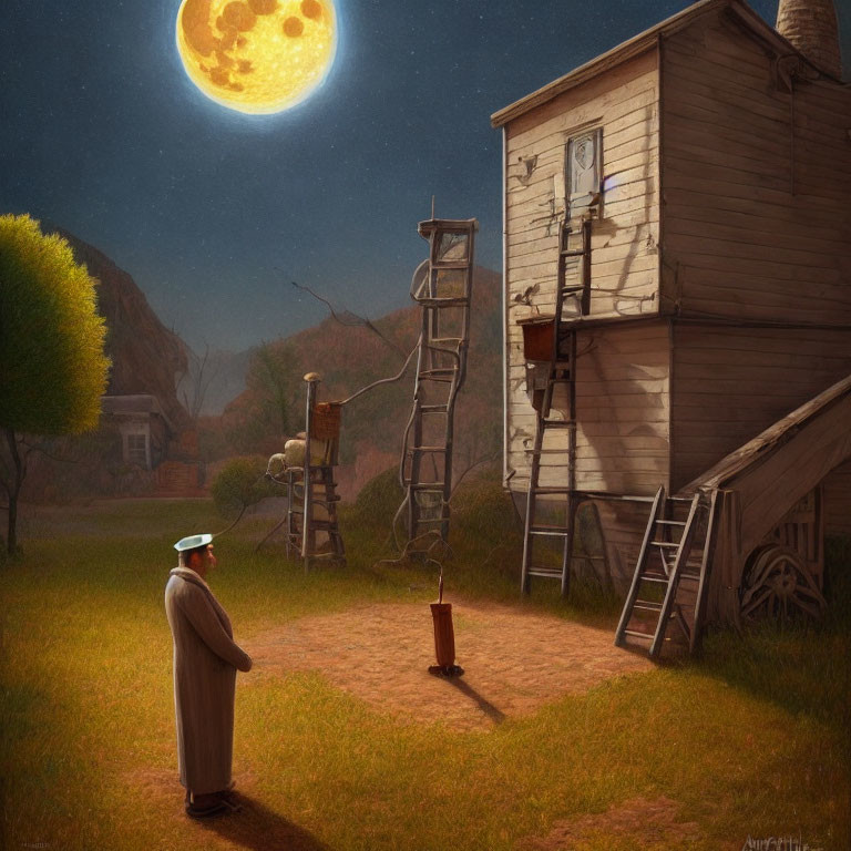 Man in hat gazes at large moon in surreal nocturnal landscape