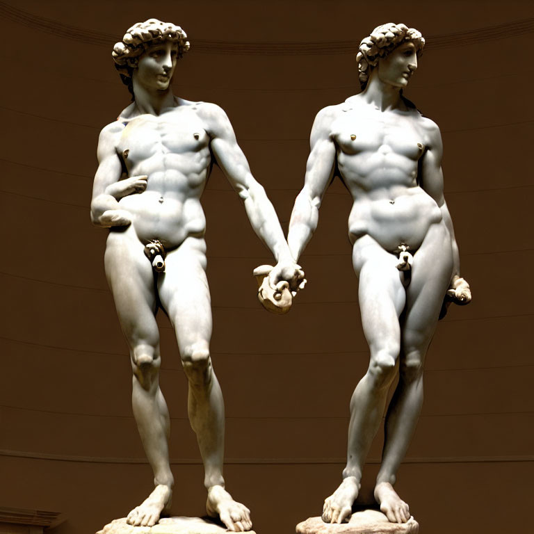 Identical male figure statues with laurel wreath, holding hands on beige background