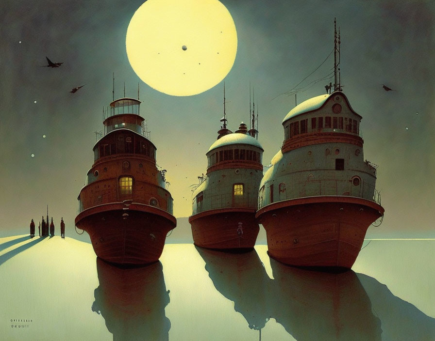 Surreal ships as buildings under yellow sun with birds