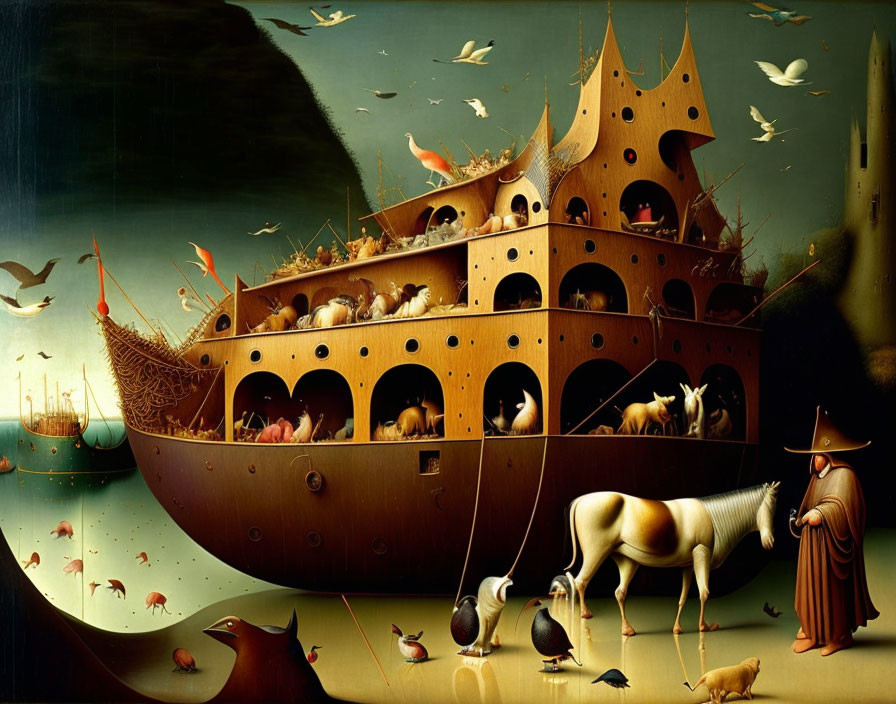 Surreal Ark Painting with Animals, Cloaked Figure, and Fantastical Elements