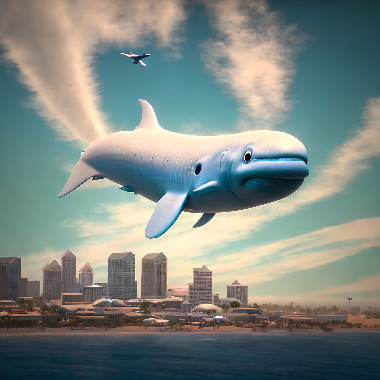 Whimsical cartoon whale flying over coastal cityscape