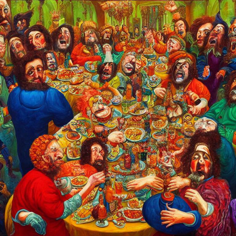 Colorful Feast Painting with Joyful Figures and Abundant Food