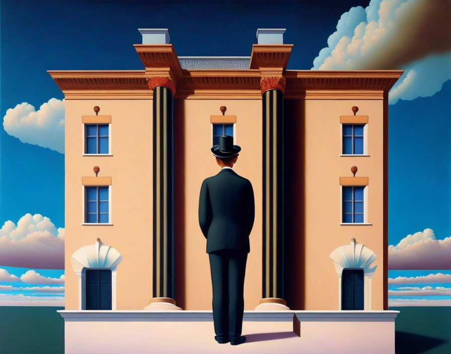 Man in suit and hat on platform gazes at surreal building merging with sky