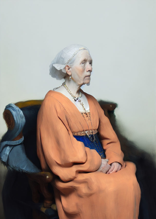 Elderly Woman Portrait in Historical Dress on Wooden Chair