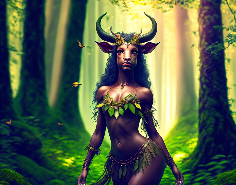 Horned female creature in enchanted forest with butterflies and sunbeams