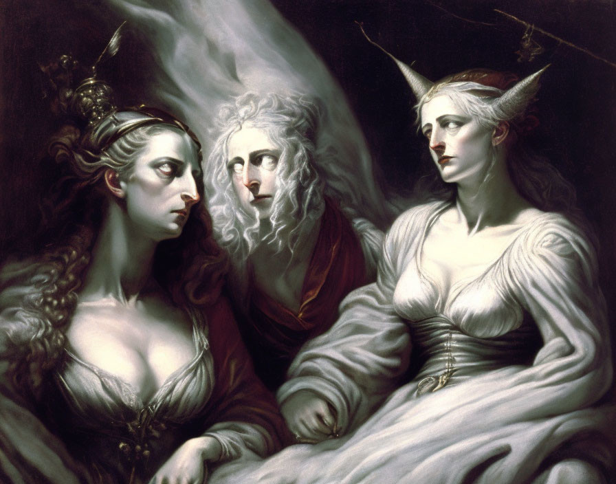 Mythological painting featuring three intense figures