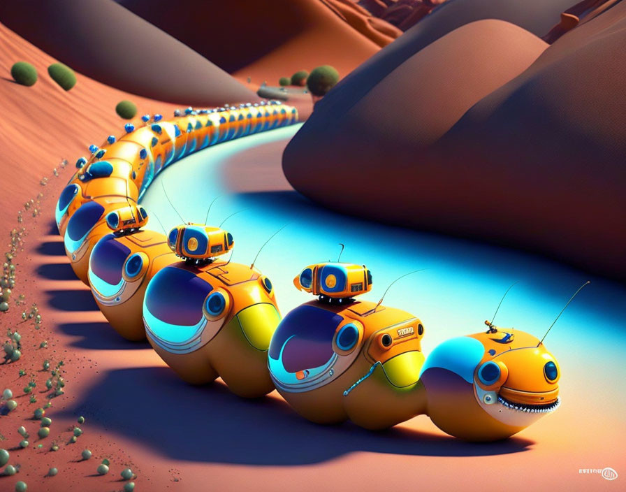 Colorful Robotic Caterpillar on Surreal Sandy Landscape with Blue Bushes