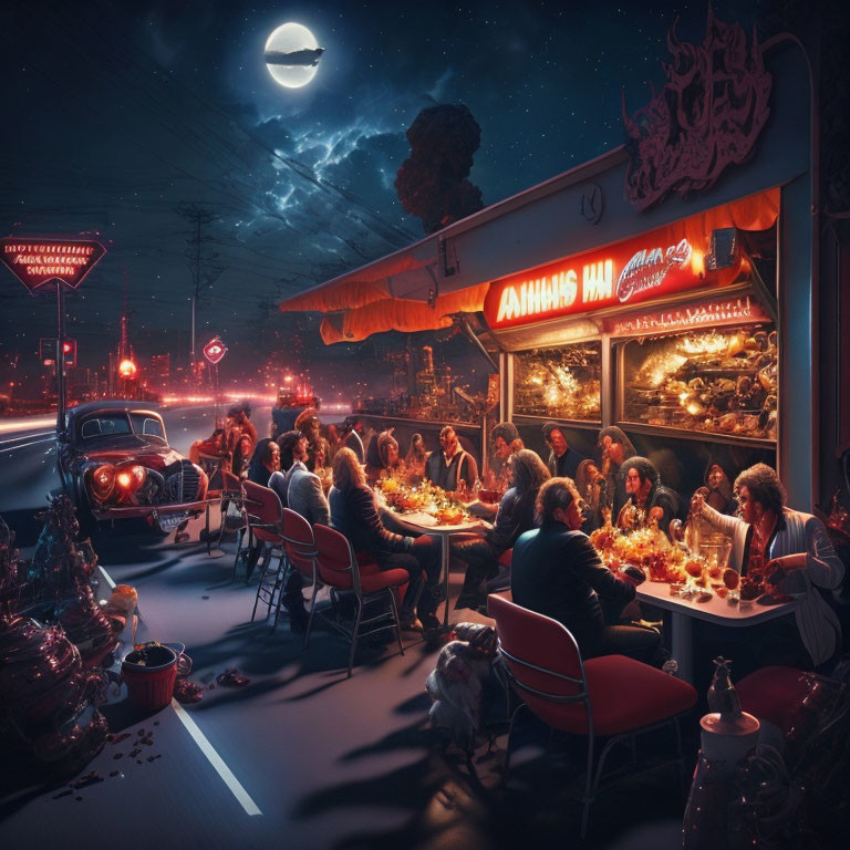 Bustling outdoor diner at night with full moon, neon signs, and vintage cars