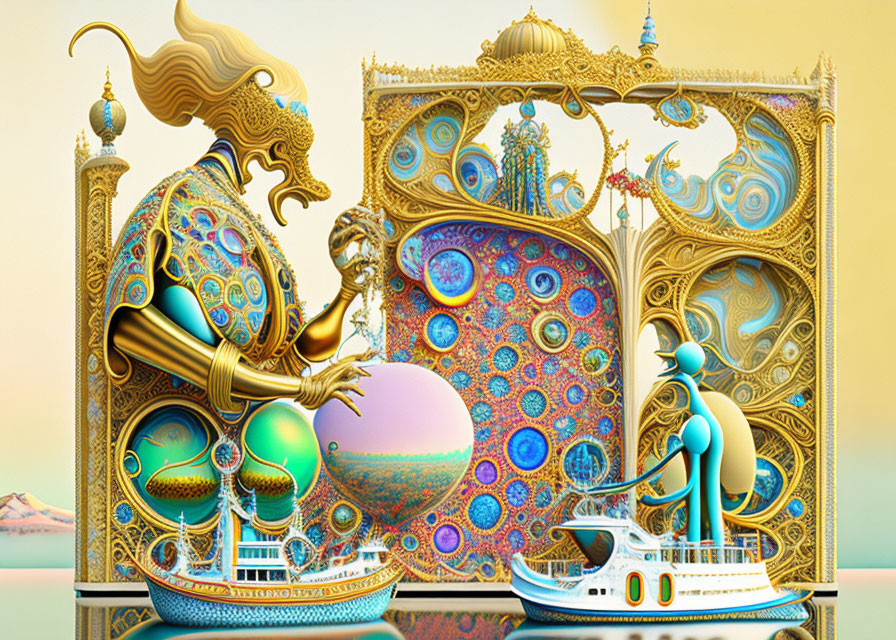 Surreal golden structures with fantastical beings and ornate patterns