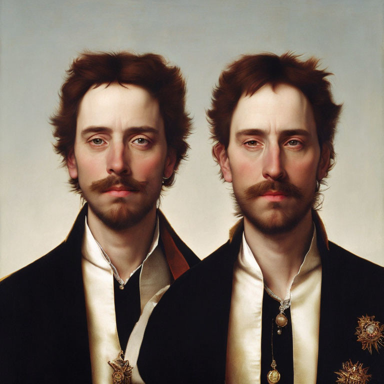 Hyperrealistic Painting: Man with Two Heads in Black Jackets, White Shirts, and Medals