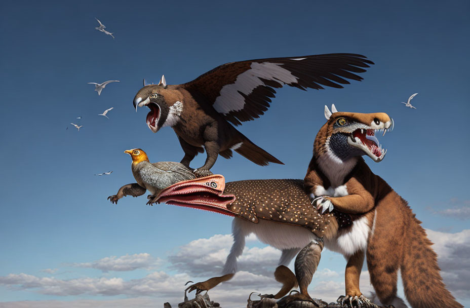 Digital Art: Griffin and Saber-Toothed Creature Confrontation Under Cloudy Sky