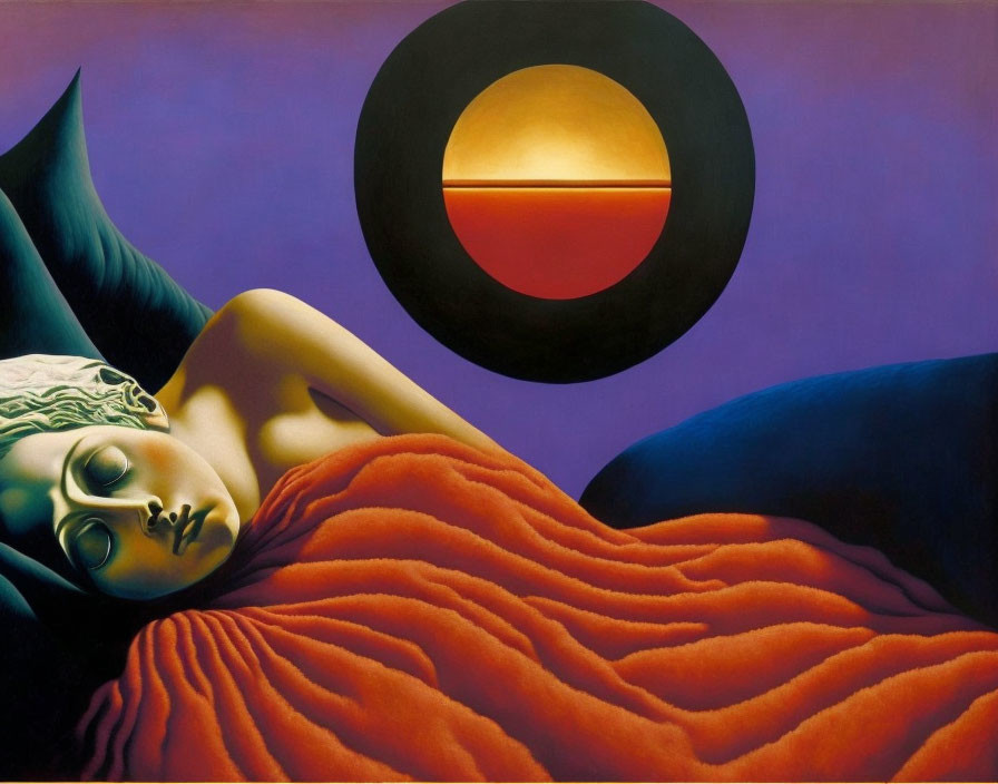 Surreal painting of reclining figure with orange drapery under stylized sun or moon