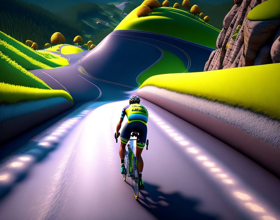 Colorful Cyclist Riding Through Surreal Landscape