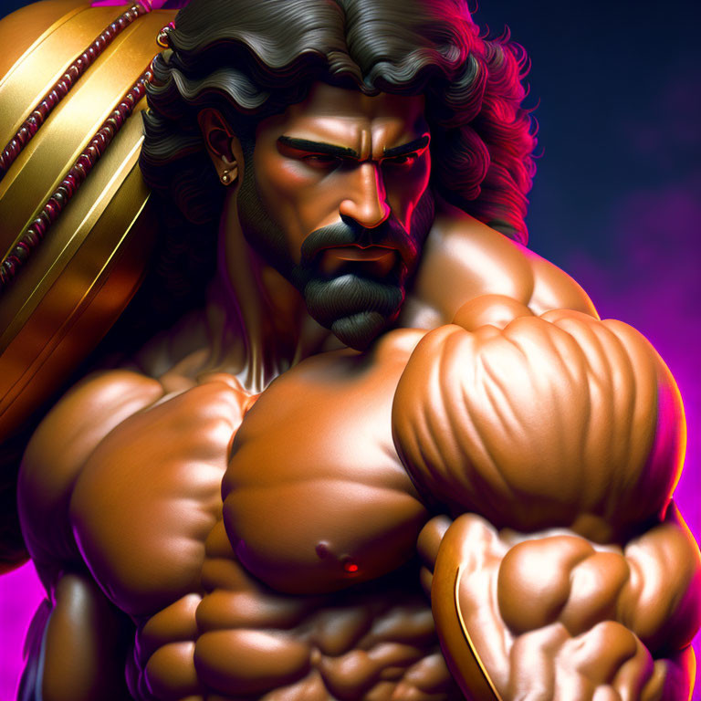 Muscular warrior with shield on purple background