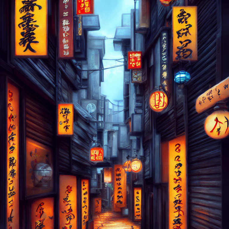 Japanese alley with traditional buildings and lanterns at night