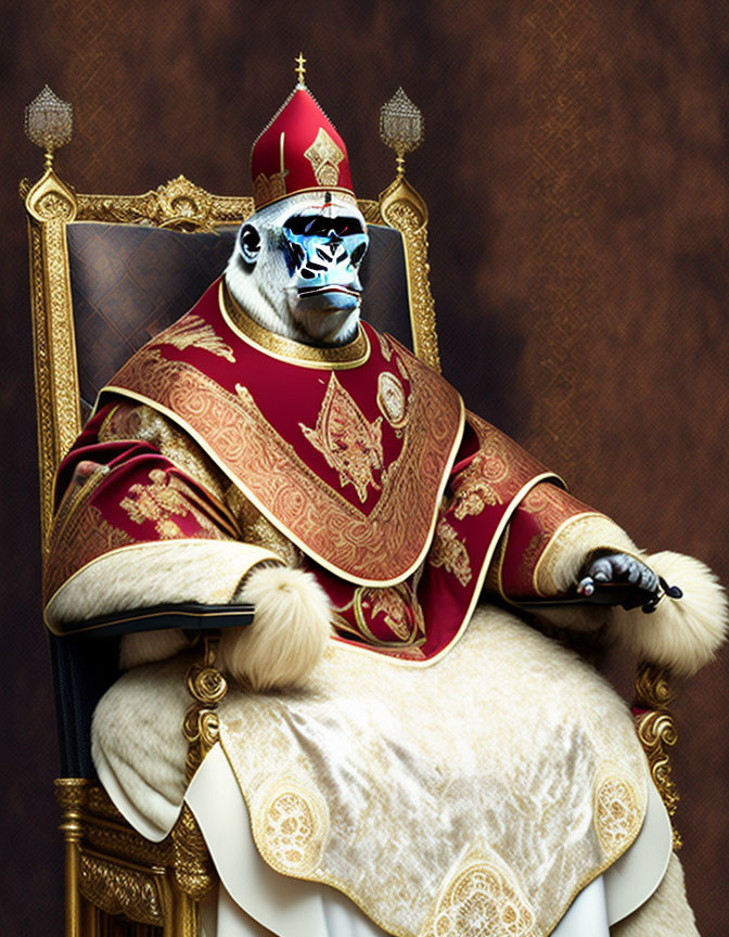 Regal gorilla in ornate papal attire on throne