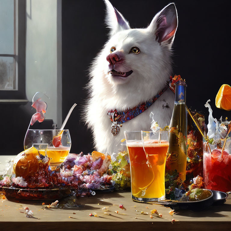 Dog's head on human body at messy table with spilled drinks and scattered food