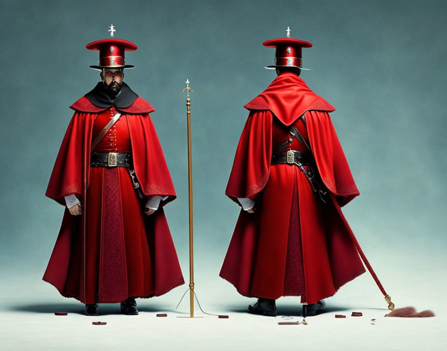 Two individuals in red uniforms with black hats, one holding a spear and the other beside an upturned