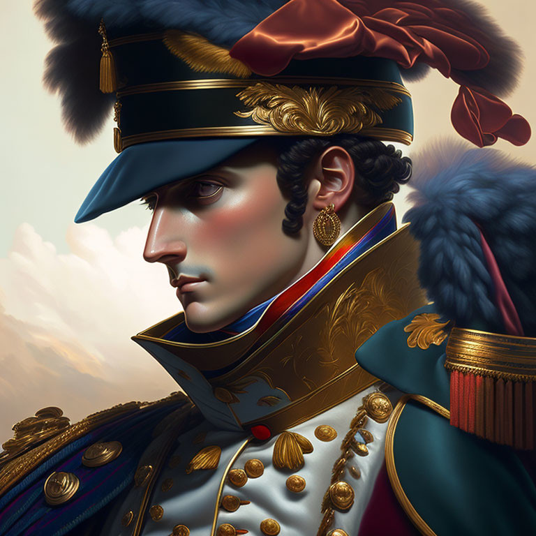 Stylized portrait of a man in ornate military uniform