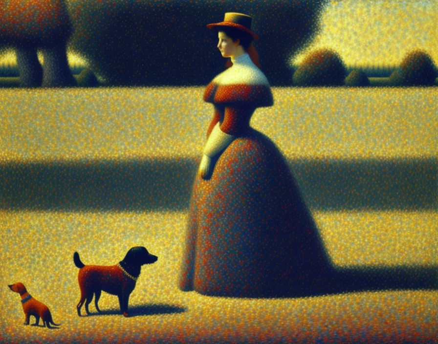 Woman in long dress with hat, two dogs in field with stylized trees and warm sky.