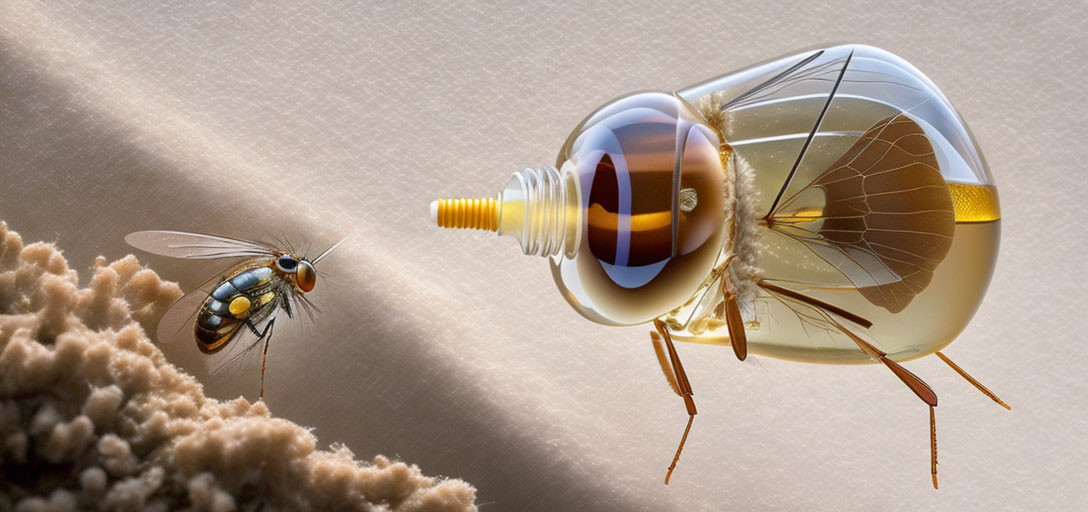 Digital artwork: Regular fly near larger fly with lightbulb abdomen