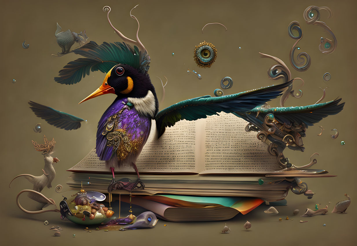 Colorful bird perched on open book with whimsical objects on brown backdrop