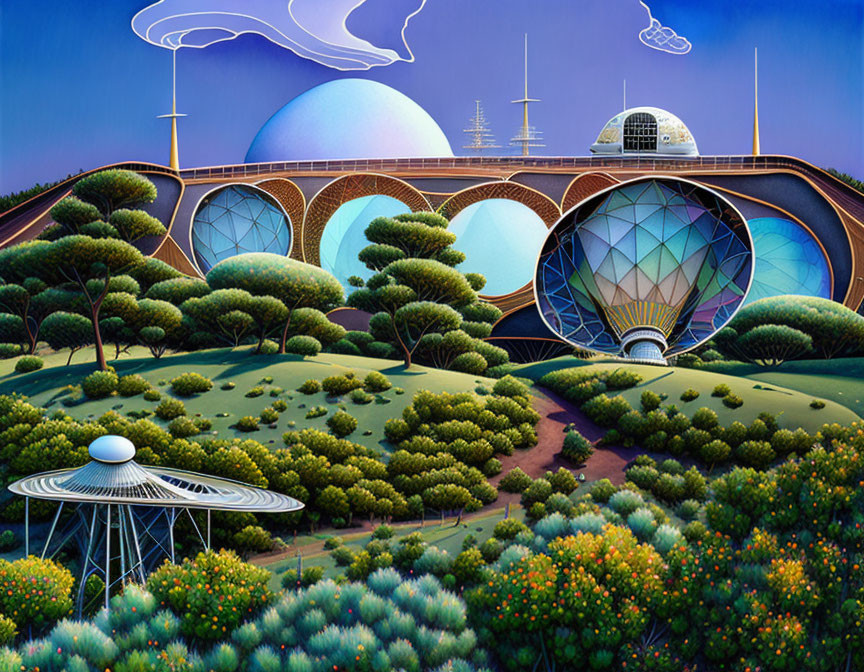 Surrealist landscape with futuristic architecture and celestial bodies